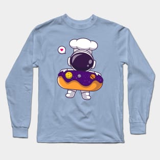 Cute Astronaut Chef With Donut Space Cartoon Long Sleeve T-Shirt